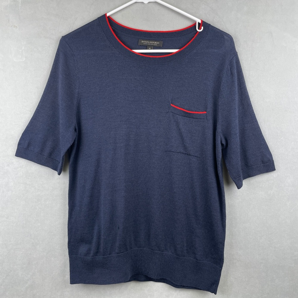 Banana Republic Men Navy Blue 100% Merino Wool S/S Parisian Luxury Sweater Top M